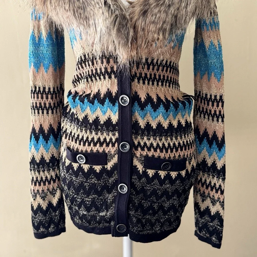 Cache VTG Womens Faux Fur Collar Chevron Cardigan XS Multicolor Glitter Y2K Glam